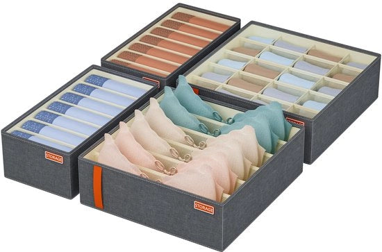 Organizzatore di carreggiata da 4 pezzi - Scatole pieghevoli per capi intimi, sottovesti, calze, pantaloni - Scatole di tessuto, sistema di organizzazione per la vestiareria - Grigio