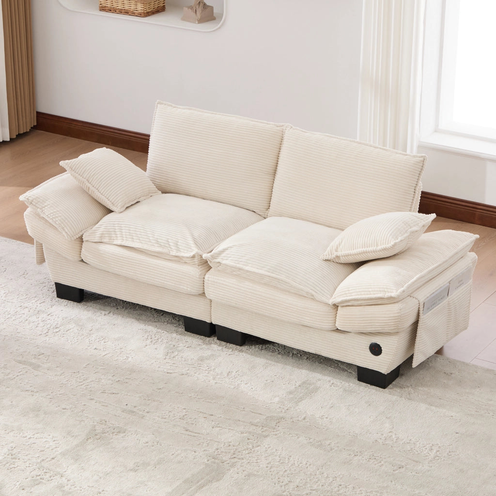 Sofa a due posti con seduta ampia, design ergonomico, USB-C e tasche laterali in corduroy beige 190 × 73 × 84 cm