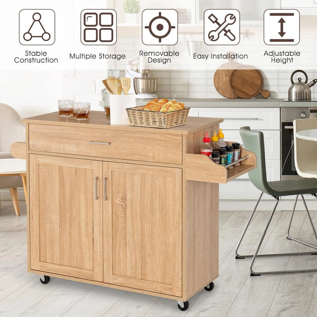 Carrello da Cucina, Credenza Mobile con Cassetto, Anta Doppia, Portaspezie e Portasciugamano, Ripiani Regolabili, Ruote con Freni, Portata di 50 kg, 116x40x85 cm, 4 Colori (naturale)