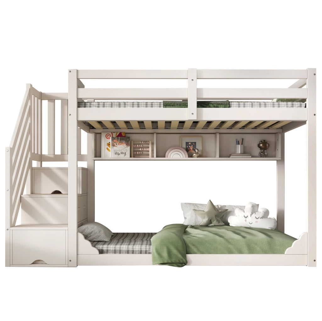 Letto a castello 90x200 cm bianco con scala contenitore, ripiani e protezioni