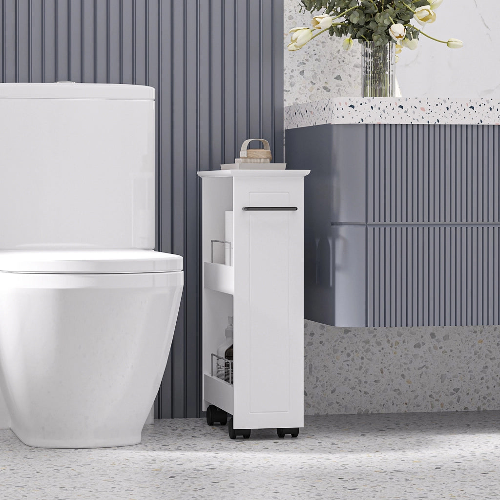 Carrello Salvaspazio Multiuso in Legno MDF e Ruote, 42.5x20.3x66.7cm, Bianco
