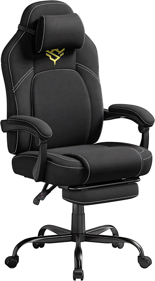 Sedia da Gaming, Sedia Ergonomica per Computer con Poggiapiedi, Poltrona con Poggiatesta, Cotone-lino, Altezza Regolabile, Nero Inchiostro OBG072BH03