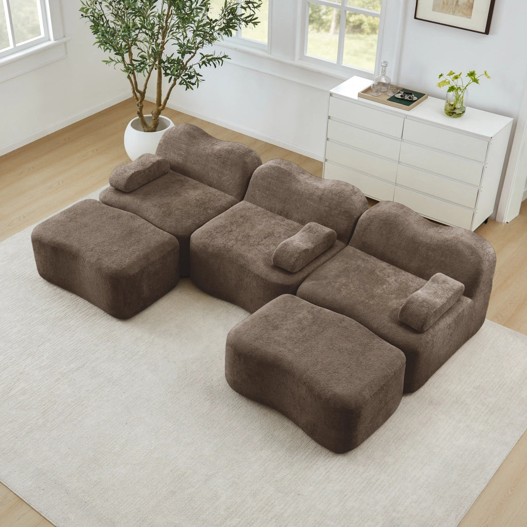 Divano modulare angolare a U con 2 pouf; imbottitura in schiuma 32D; velluto marrone