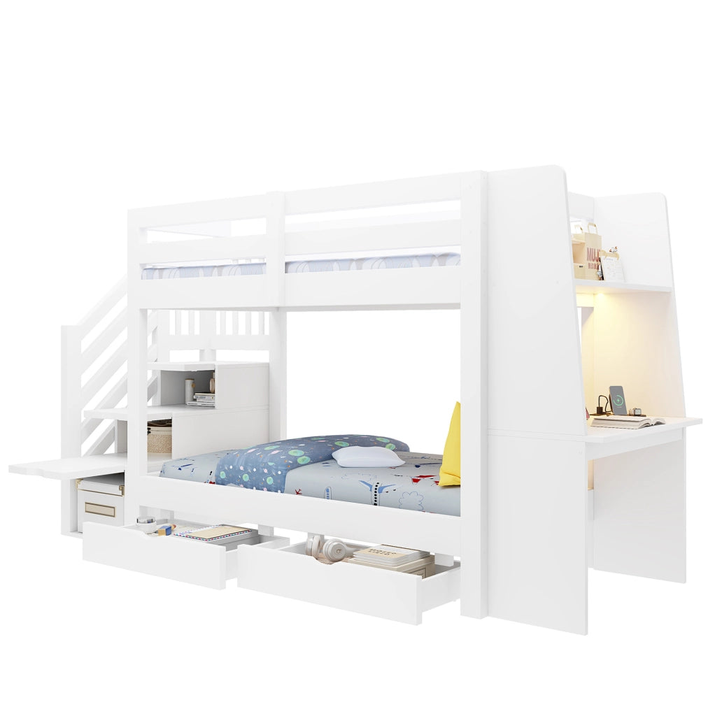 Letto a soppalco per bambini 90x200 cm in legno; con scrivania; LED e cassetti; bianco