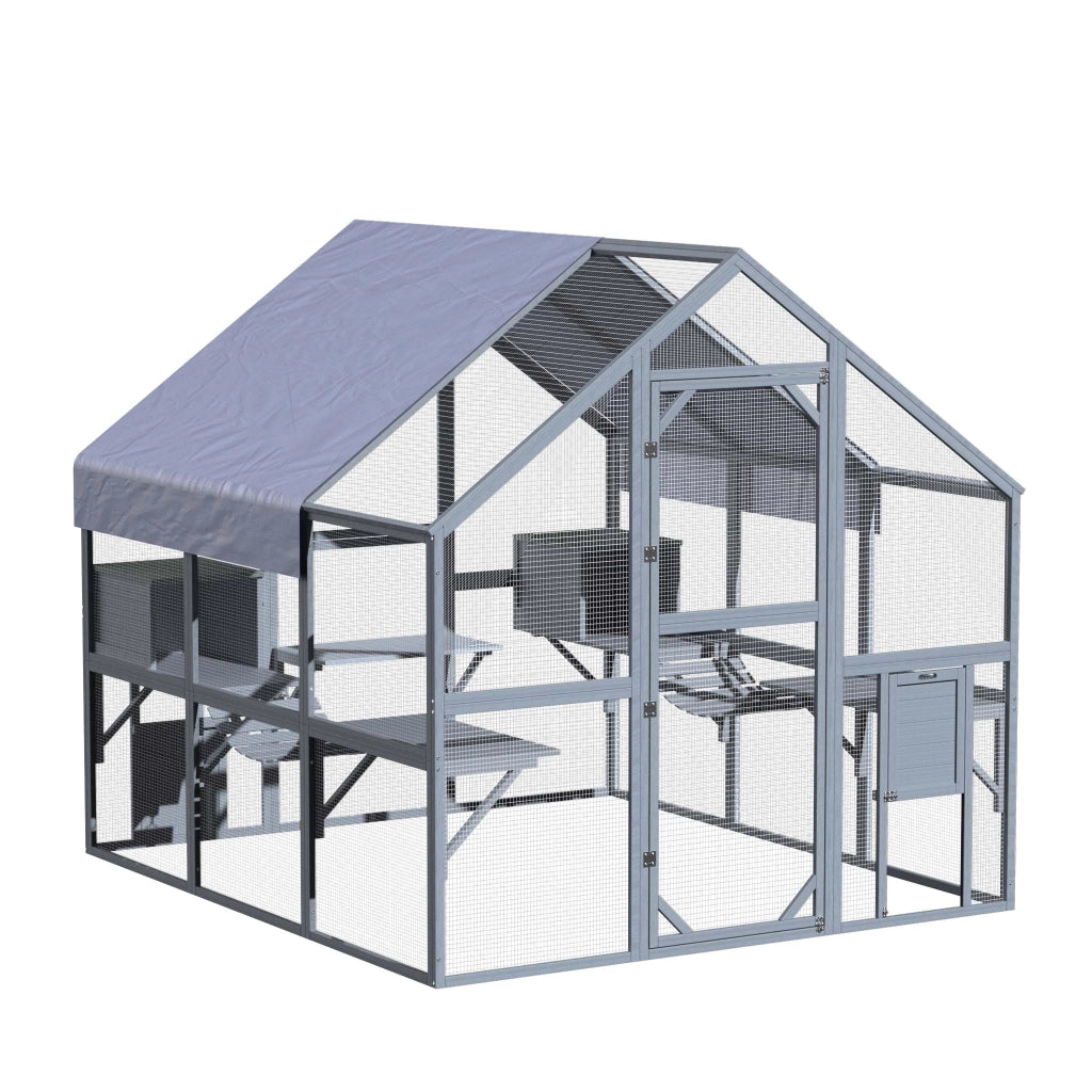 Recinto per gatti da esterno 210 x 187 x 187 cm, recinzione antifuga in legno con telo di copertura impermeabile per il tetto, diversi livelli, per giardino, balcone, terrazzo