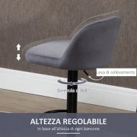 Set 2 Sgabelli da Bar con Schienale e Poggiapiedi, Girevoli con Altezza Regolabile, Grigio
