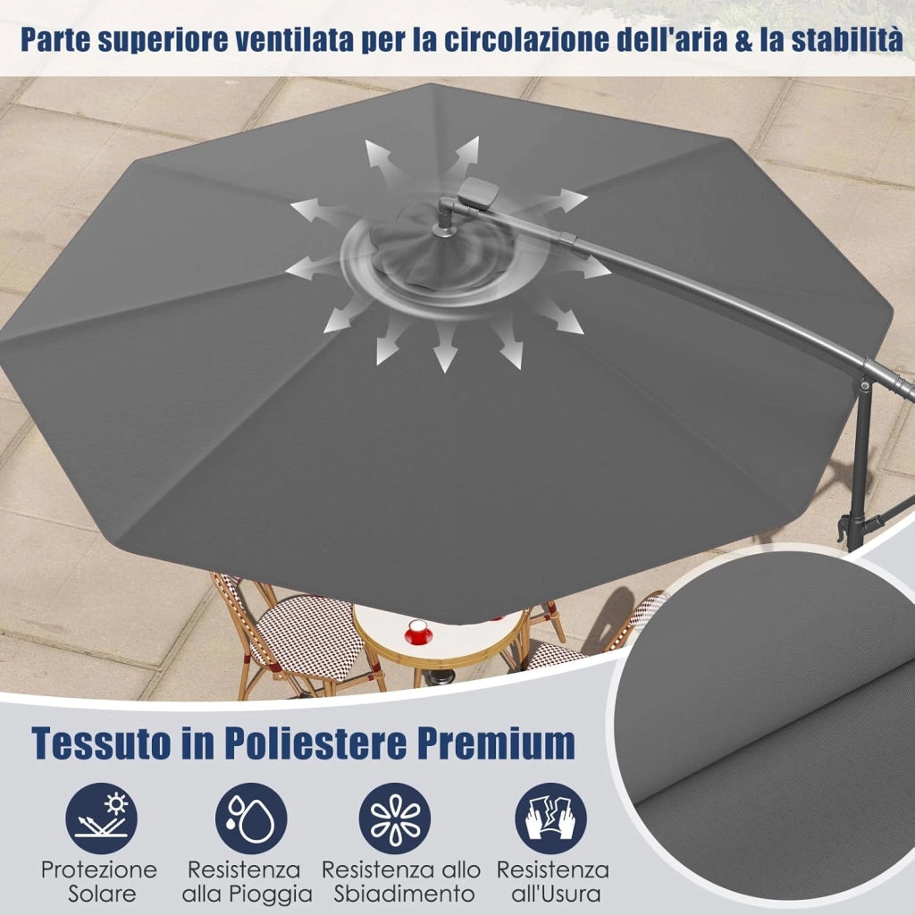 Ombrellone da Giardino 300 cm, 40 Luci LED Solari, Anti-UV, Inclinazione Regolabile, Manovella, 8 Stecche per Esterno Piscina Patio (Grigio)