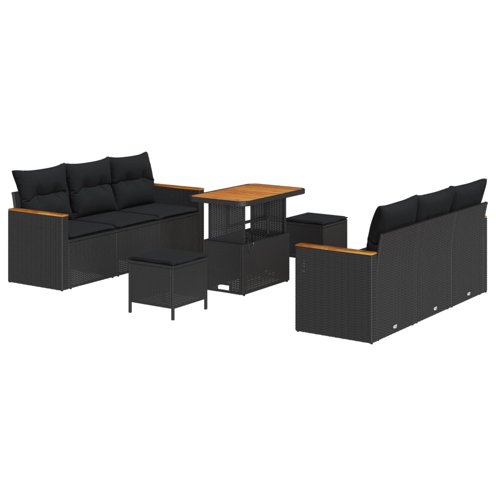 Set da giardino  9 pezzi con cuscini in polyrattan nero e acacia