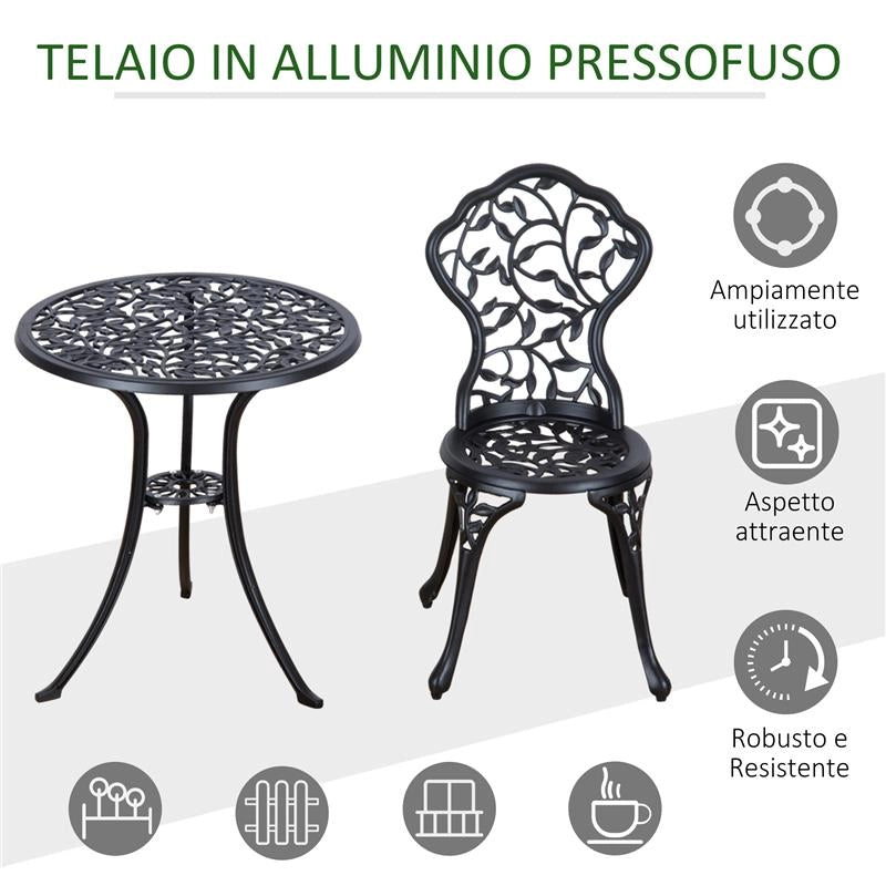 SET DA GIARDINO 3 PEZZI CON 2 SEDIE DA ESTERNO E TAVOLO ROTONDO IN ALLUMINIO, NERO