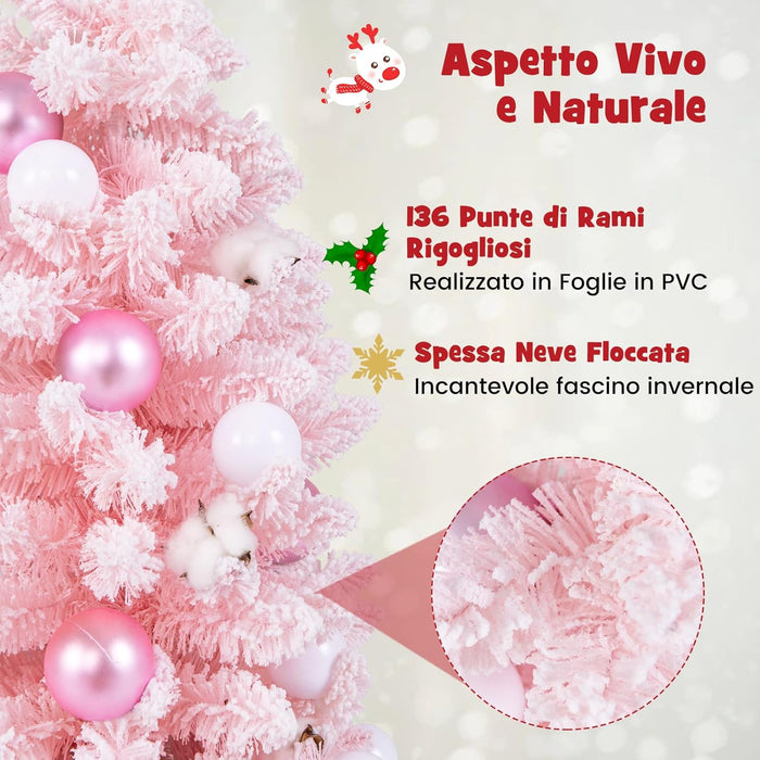 Albero di Natale Artificiale Mini 90 cm, Albero di Natale Innevato da Tavolo con 12 Palline di Cotone Naturale, 24 Palline Decorative e Rami Imbiancati, Decorazione per Feste (Rosa)
