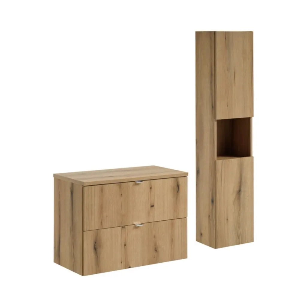 Set da bagno sospeso VANO finitura rovere 110cm: mobile sottolavabo con cassetti + piano per lavabo + colonna