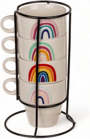 Set di tazze da caffè in ceramica colorate da 4 pezzi - stivabile e lavastoviglie - capacità 200 ml - Disegno Arcobaleno