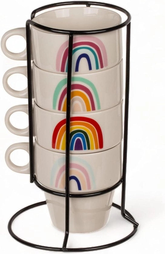 Set di tazze da caffè in ceramica colorate da 4 pezzi - stivabile e lavastoviglie - capacità 200 ml - Disegno Arcobaleno
