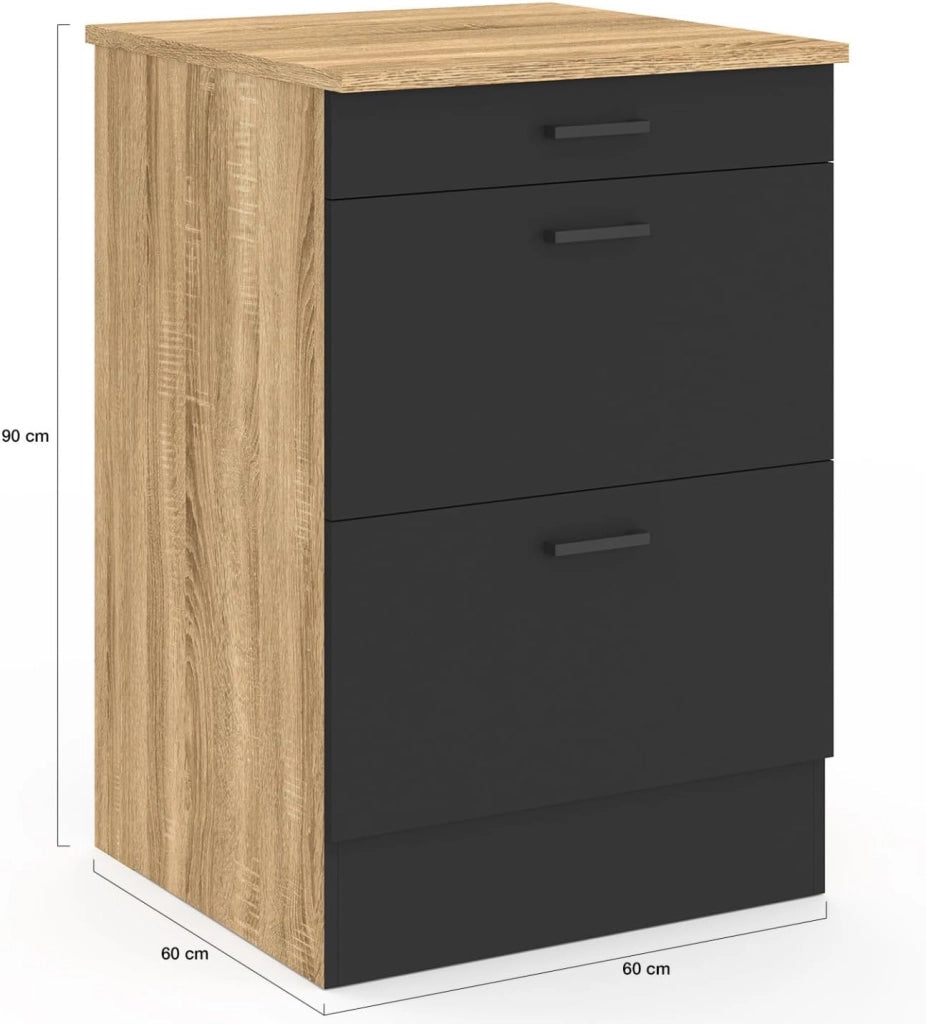 Base cucina 60 cm SUBTIL casseruola occasionale 3 cassetti legno e nero