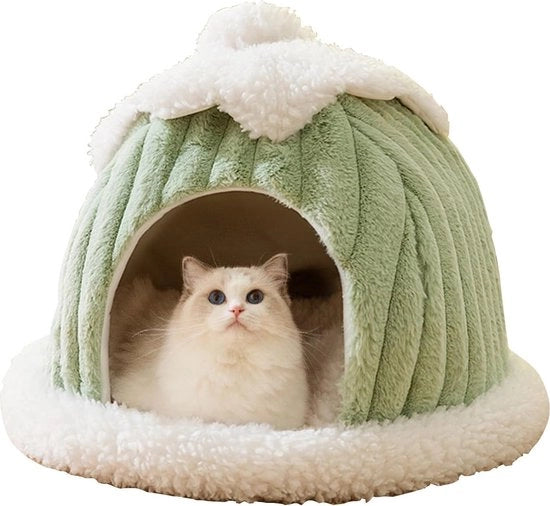 Casa per Gatti in Miniatura con Tenda e Cuscino Removibile e Lavabile - Letto Caldo per Cani - Colore Verde
