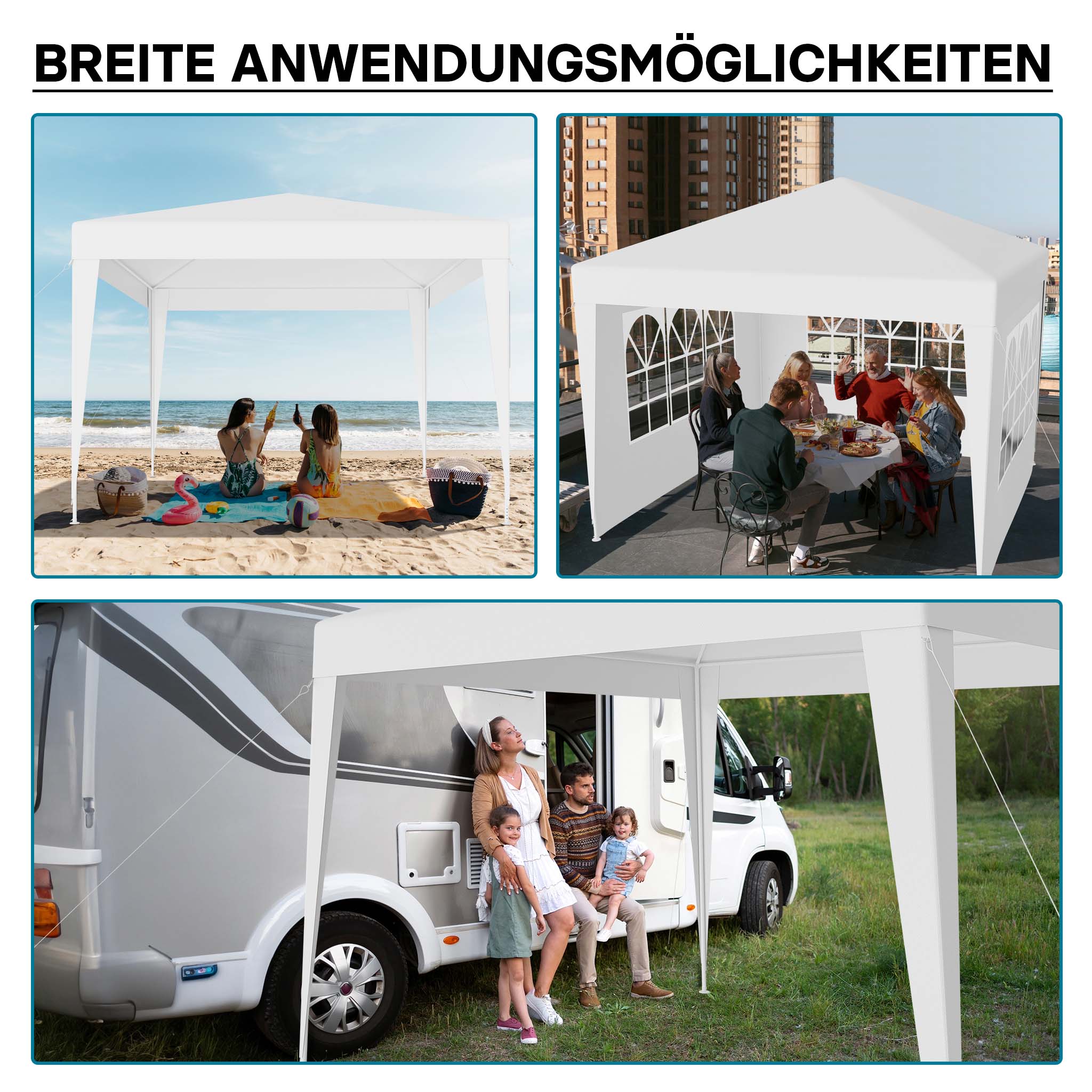 Gazebo 3 x 3 m in bianco con protezione UV 50+, tendone da giardino con lati rimovibili, tenda da festa con finestre, ad esempio per terrazze e festival