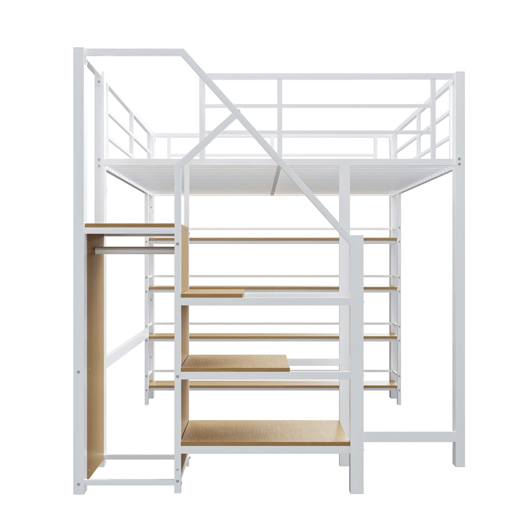 Letto a soppalco 140×200 cm con scala contenitore; armadietto e ripiani; senza materasso; metallo; bianco