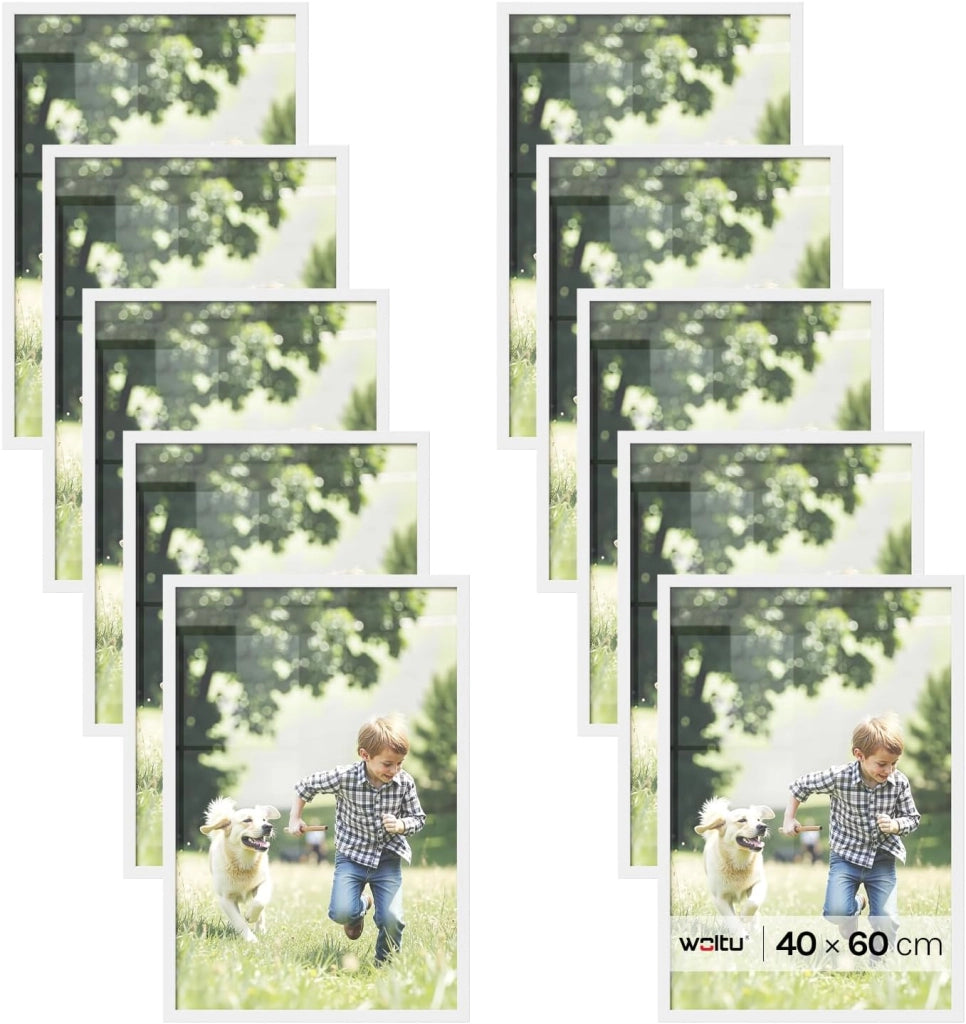 Set di 10 Cornici 40x60 cm con Passepartout, Portafoto in Orizzontale o Verticale, da Parete o Tavolo, in Legno MDF, Bianco