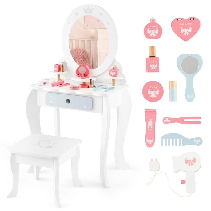 Set di tavolo trucco e sgabello per bambine con specchio rimovibile cassetto, Toeletta trucco bambina 2 in 1 Bianco-Toelette per bimbi
