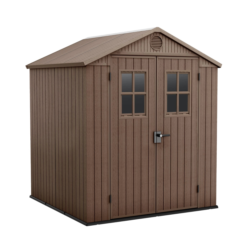 Darwin 6x6 - Casetta da Giardino 190x221x183 cm 2 Ante per deposito attrezzi finitura effetto legno Evotech+ in Resina Marrone