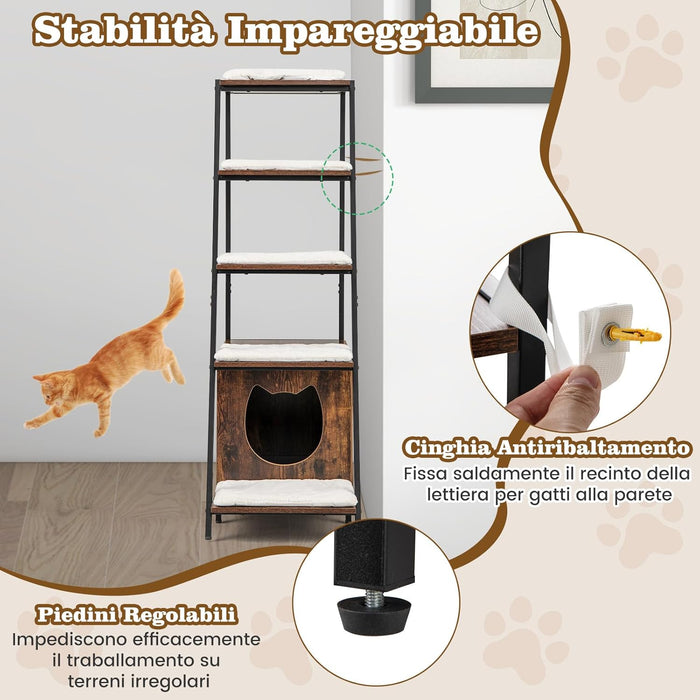 Lettiera per Gatti Salvaspazio, Mobile Nascosto 2 in 1 per Animali Domestici con Scaffale, Tappetini Rimovibili e Entrata a Forma di Testa di Gatto, Armadietto per Gatti per Salotto (Marrone)