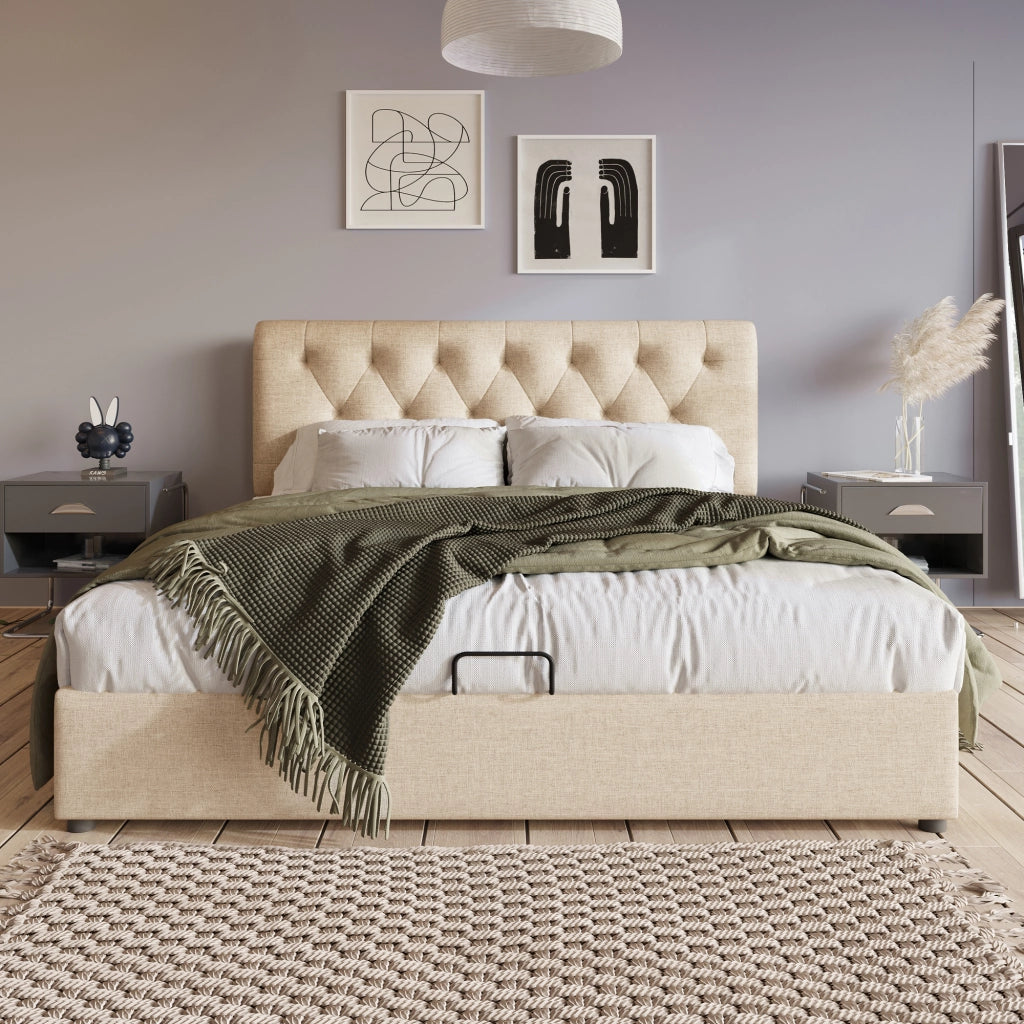 Letto Contenitore 140x200 cm; Testiera Regolabile e Rete a Doghe - Lino - Naturale