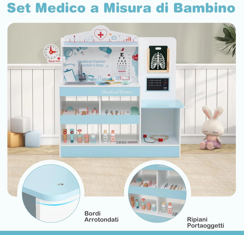 Set da Gioco Dottore in Legno, Centro Medico per Bambini con Orologio, Lavandino, Tabella Oculistica, Monitor ECG, Area Esame e 24 Accessori Giocattolo, 97 × 30,5 × 88 cm (Blu)