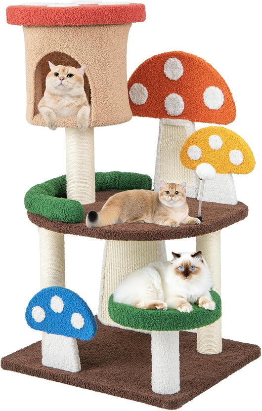 Albero per Gatti a Fungo 4-in-1, Torre Multi-Livello per Gatti con Condo, Piattaforma e Palla a Molla, Centro Attività per Gattini con Pali in Sisal e Tiragraffi