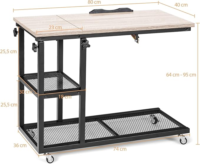 Tavolino Porta PC Regolabile in Altezza e Inclinazione, Tavolo Laterale per Letto e Divano con Ruote, Tavolino in Legno e Metallo per Salotto e Camera da letto, 80 x 40 x 64-95 cm (naturale)