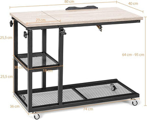 Tavolino Porta PC Regolabile in Altezza e Inclinazione, Tavolo Laterale per Letto e Divano con Ruote, Tavolino in Legno e Metallo per Salotto e Camera da letto, 80 x 40 x 64-95 cm (naturale)