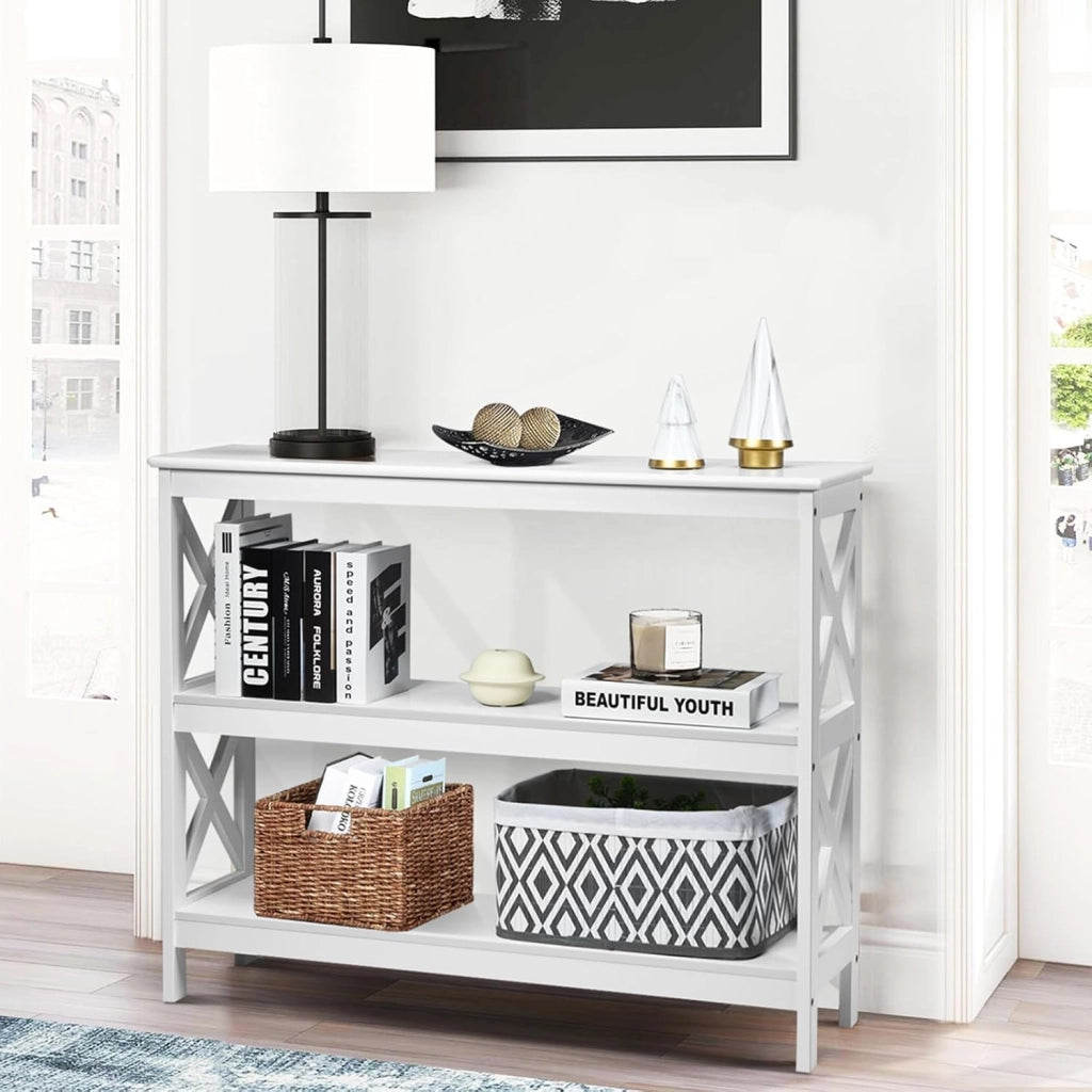 Tavolo Consolle a 2/3 Ripiani, Tavolo d’Ingresso in Legno, Mobile Multifunzionale per Soggiorno e Corridoio, 100 x 30 x 80cm, Portata Massima 30 kg (3 Ripiani, Bianco)