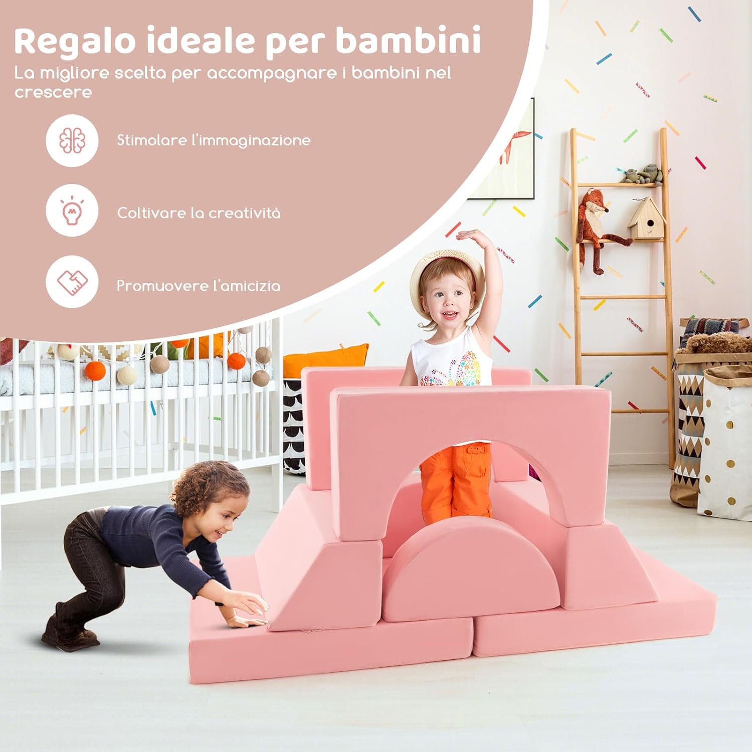 Divano Modulare per Bambini 8 Pezzi, Divanetto per Bambini con Copertura Staccabile per Sala Giochi e Camera da Letto, Divano Creativo per Bambini per Giocare, Creare e Dormire (Rosa)