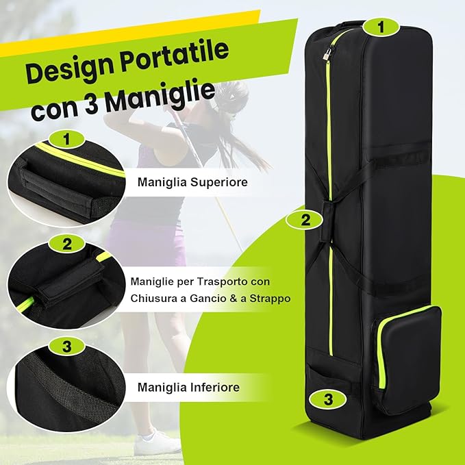 Borsa da Viaggio per Golf con Ruote Morbide, Custodia Resistente all'Usura e Impermeabile in Oxford con Tasca Extra, Zip e Chiave, Copertura Pieghevole per Mazze da Golf