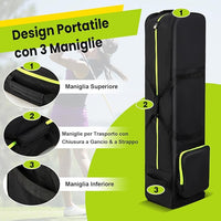 Borsa da Viaggio per Golf con Ruote Morbide, Custodia Resistente all'Usura e Impermeabile in Oxford con Tasca Extra, Zip e Chiave, Copertura Pieghevole per Mazze da Golf