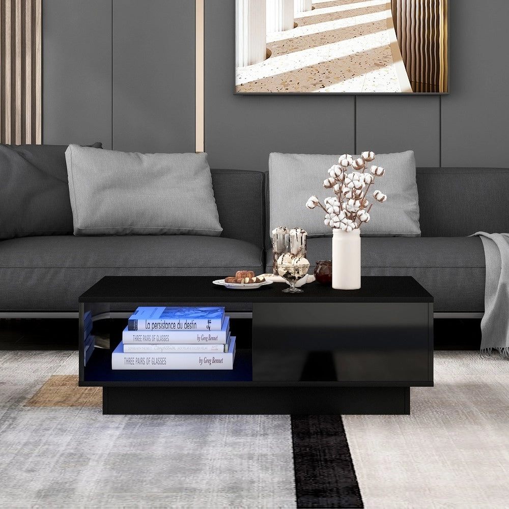 Tavolino da Caff¨¨ con LED ¨C MINIMAL ¨C Nero, Piano Lucido, 95x55x32 cm