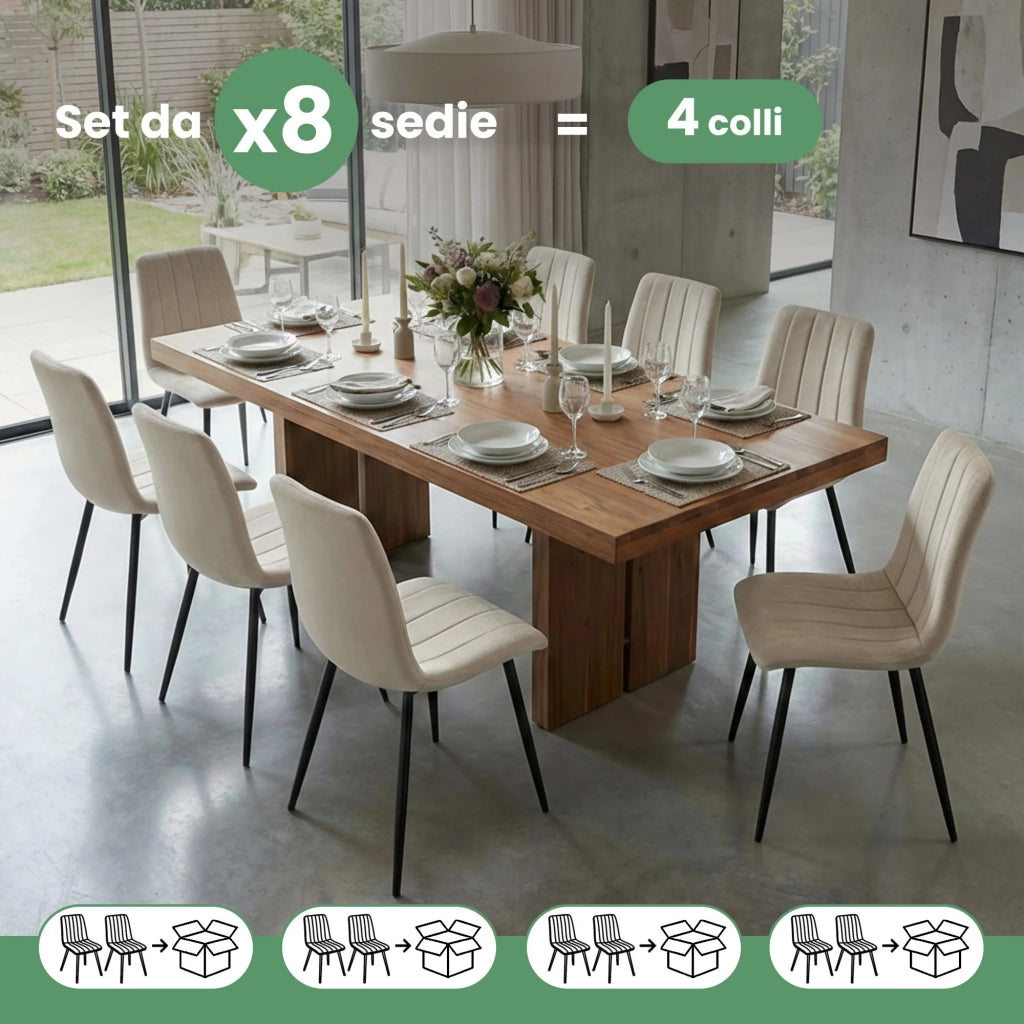 Set di 8 Sedie in velluto trapuntate LIVO Beige gambe nere