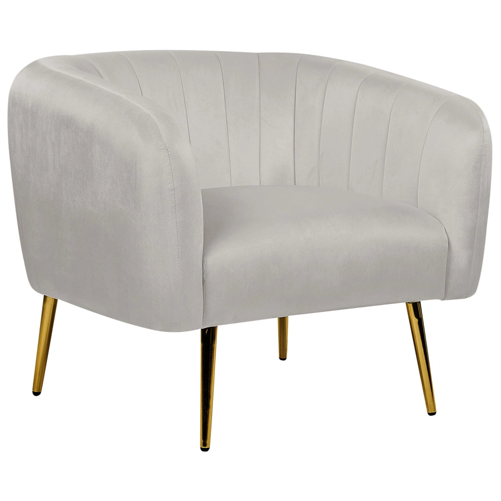 Poltrona Velluto Grigio Chiaro Struttura in Metallo Dorato con Schienale Tondo Stile Glam