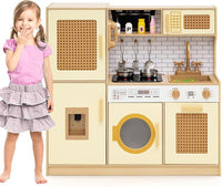 Cucina Giocattolo per Bambini, Cucina Legno per Bambini con Luci, Suoni, Frigorifero, Distributore d'Acqua, Lavatrice, Accessori Ricchi e Ante in Rattan, per 3 Anni+ (Giallo Caldo)