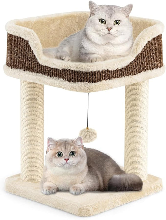 Albero per Gatti 38 x 38,5 x 51 cm, Torre per Gatti con Posatoio in Peluche, Pali Graffianti in Sisal e Palla Pendente, Centro Attività Moderno per Animali Domestici (Beige)