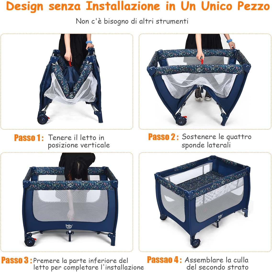 Box Portatile per Bambini, Lettino Multifunzionale con Rete Traspirante e Design Pieghevole, Ideale per Bambini 0-36 Mesi (Carico Massimmo 15 kg), 125 x 65 x 76 cm (Blu)
