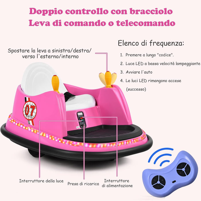 Veicolo Elettrico Macchina Elettrica Design Autoscontro per Bambini, Girevole a 360°, con Luci e Musica, con Telecomando, per Bambini 2-5 Anni (Rosa)