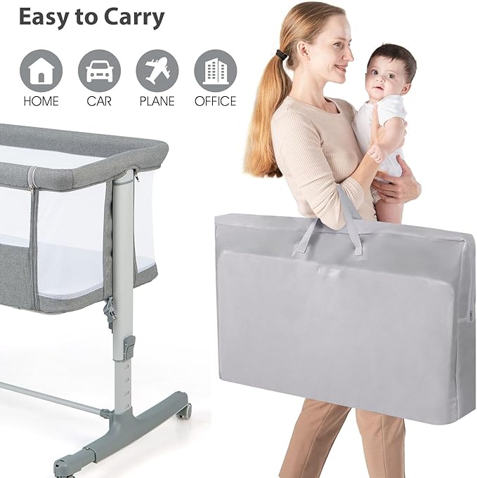 3 in 1, culla regolabile in altezza a 5 livelli, culla con materasso, lettino da viaggio mobile su ruote con navicella, culla per bambini dalla nascita fino a 9 kg (grigio chiaro)
