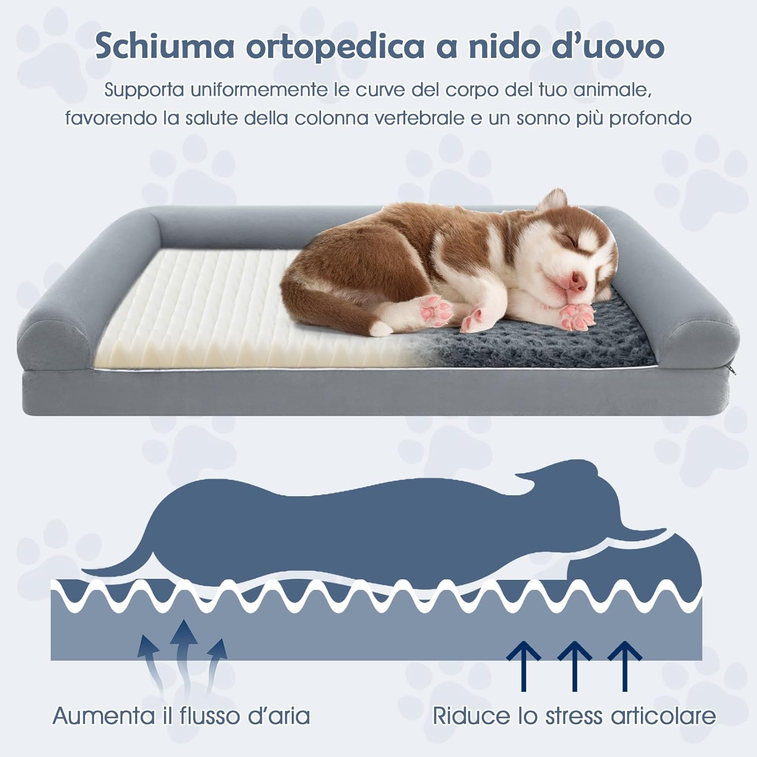 Cuccia Cane Interno in Schiuma, Brandina per Cani con Cuscino, Copertura Rimovibile e Tessuto Interno Impermeabile, Lettino per Animali Domestici, Grigio (113 x 89 x 18 cm)