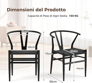 Set di 2 Sedie Sala da Pranzo, Sedie Moderna in Metallo con Seduta Intrecciato, Schienale a Forma di Y e Braccioli, Poltrone per Ufficio, Cucina e Ristorante, 46 x 59 x 73 cm (Nero)