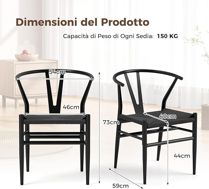 Set di 2 Sedie Sala da Pranzo, Sedie Moderna in Metallo con Seduta Intrecciato, Schienale a Forma di Y e Braccioli, Poltrone per Ufficio, Cucina e Ristorante, 46 x 59 x 73 cm (Nero)
