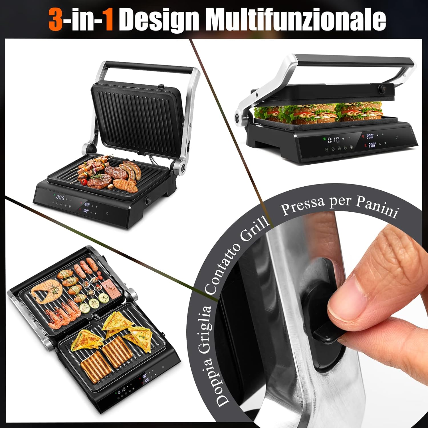 3 in 1 Piastre per Panini 2000 W, Bistecchiera Elettrica con 5 Modalità Automatiche, Cottura Bifacciali, Timer 0-4H e Display a LED, Materiale Antiaderente, Ideale per Panini e Barbecue