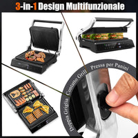 3 in 1 Piastre per Panini 2000 W, Bistecchiera Elettrica con 5 Modalità Automatiche, Cottura Bifacciali, Timer 0-4H e Display a LED, Materiale Antiaderente, Ideale per Panini e Barbecue