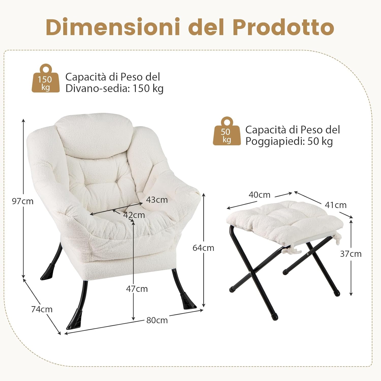 Poltrona Relax con Poggiapiedi, Poltrona da Lettura con Cuscino per Testa, Poltrona Moderna con Schienale e Seduta Imbottiti, Braccioli e Tasca di Stoccaggio, Portata 150 kg (Cashmere Beige)