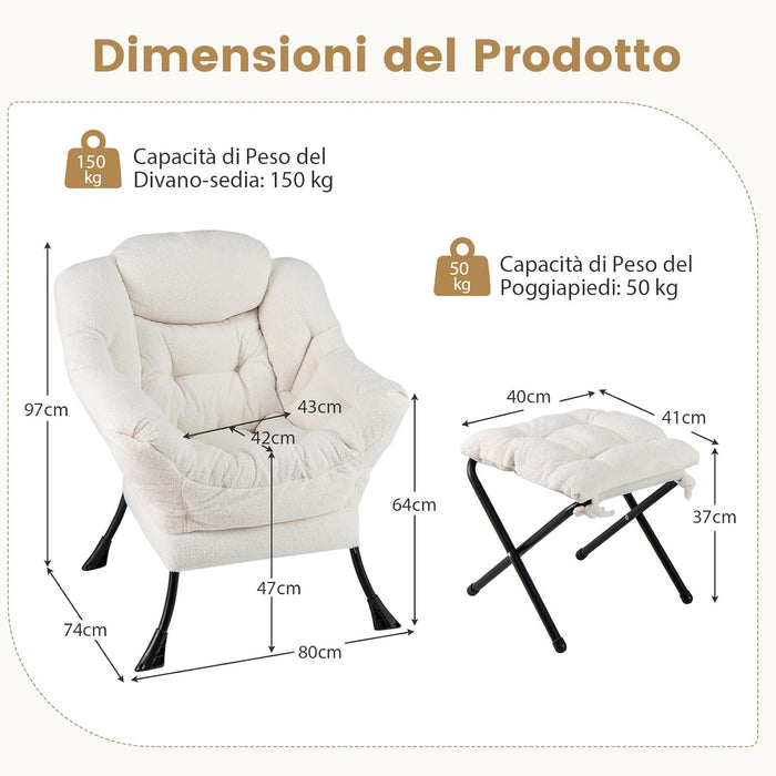 Poltrona Relax con Poggiapiedi, Poltrona da Lettura con Cuscino per Testa, Poltrona Moderna con Schienale e Seduta Imbottiti, Braccioli e Tasca di Stoccaggio, Portata 150 kg (Cashmere Beige)