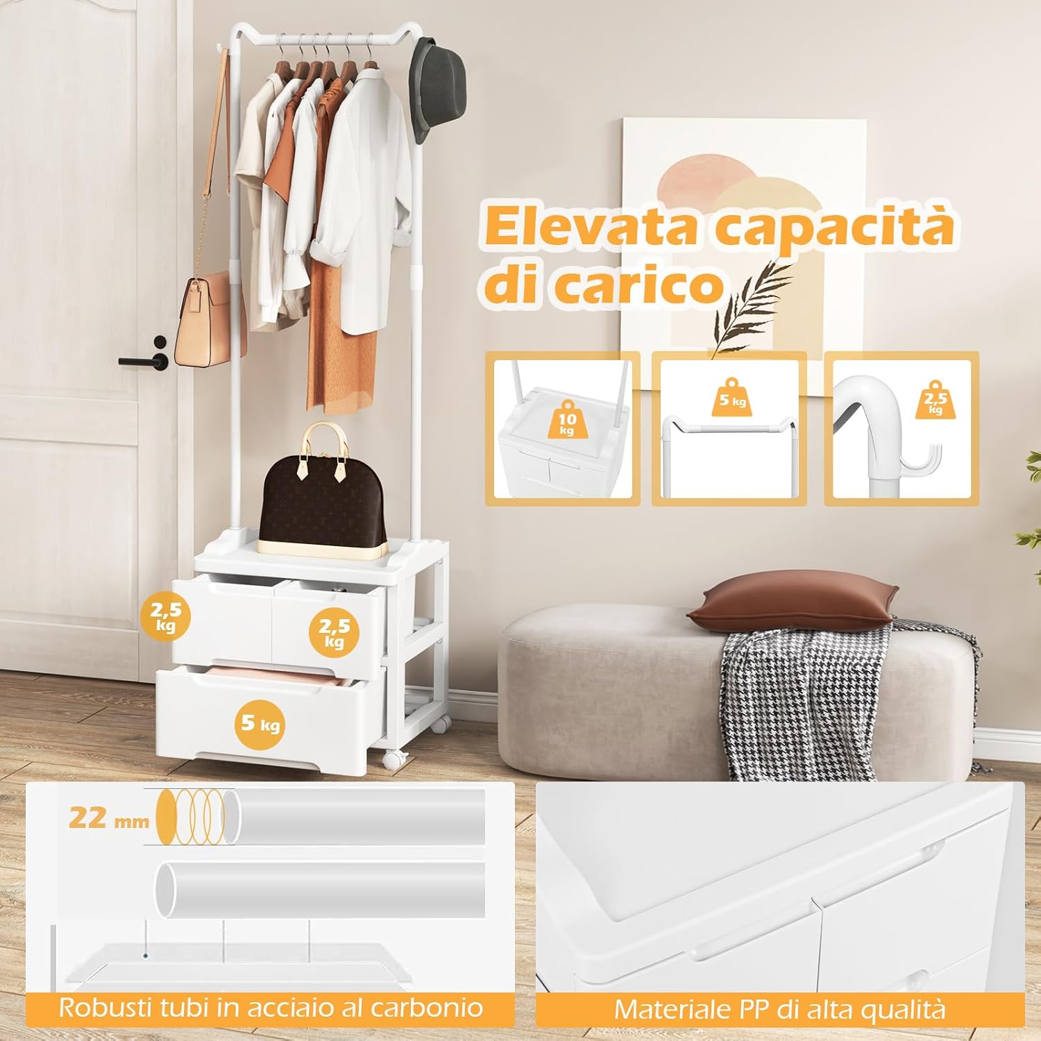 Appendiabiti con 3 Cassetti e Ruote Bloccabili, Stand Appendiabiti Girevole con Ganci Laterali e Barra per Appendere, per Camera da Letto Soggiorno Ingresso, 46x38x157 cm